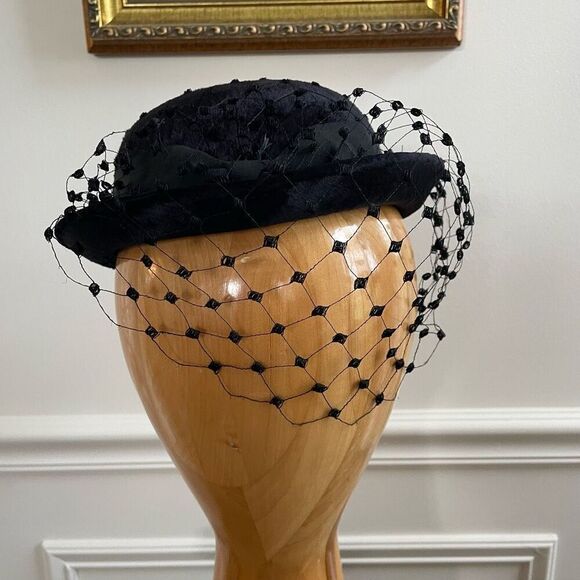 Vintage 60s Black Hat Veil Grossgrain Ribbon Bow Band Small - Picture 1 of 8